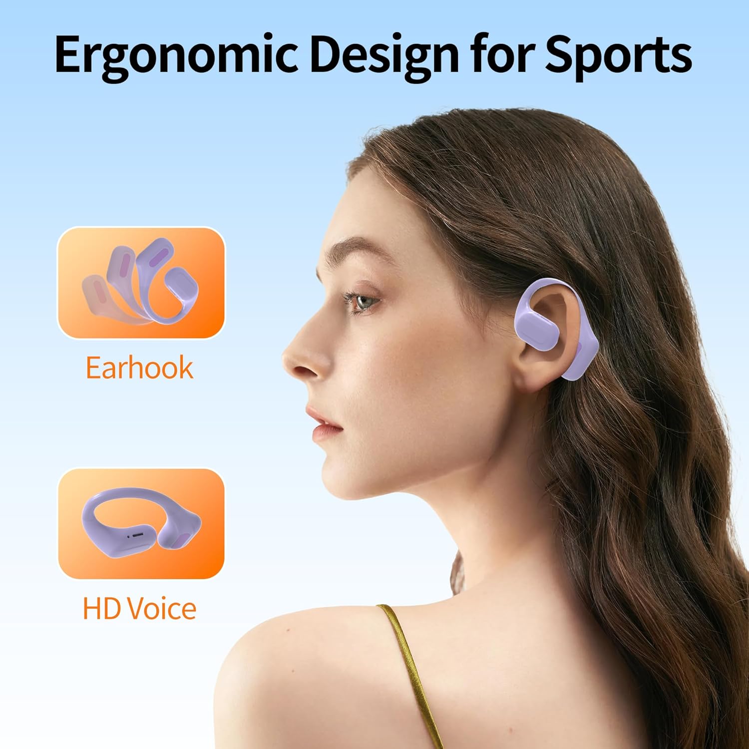 Woman wearing AMAFACE C01-purple Bluetooth Headphones, showing ergonomic design for sports