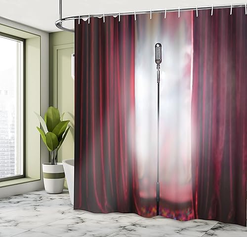Miniatura 4 de Ambesonne Cortina de ducha de teatro musical, micrófono en escenario ahumado, entretenimiento de cantante, juego de decoración de baño de tela con