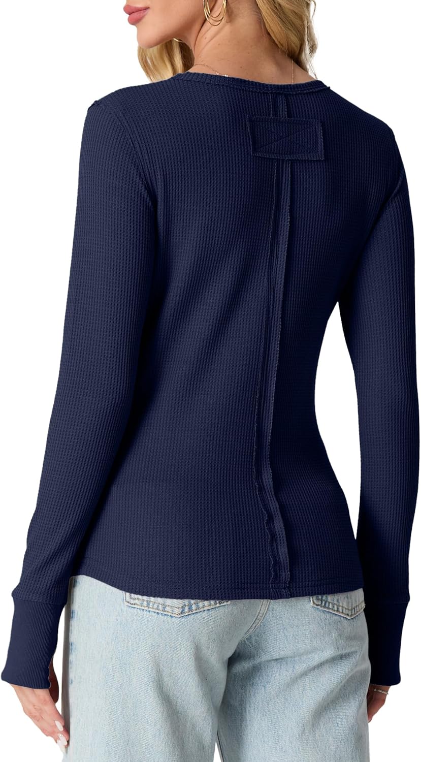 GRECERELLE Waffle Knit Long Sleeve Shirts for Women Crew Neck Slim Fitted Going Out Tops Y2k Outfits - Image 2