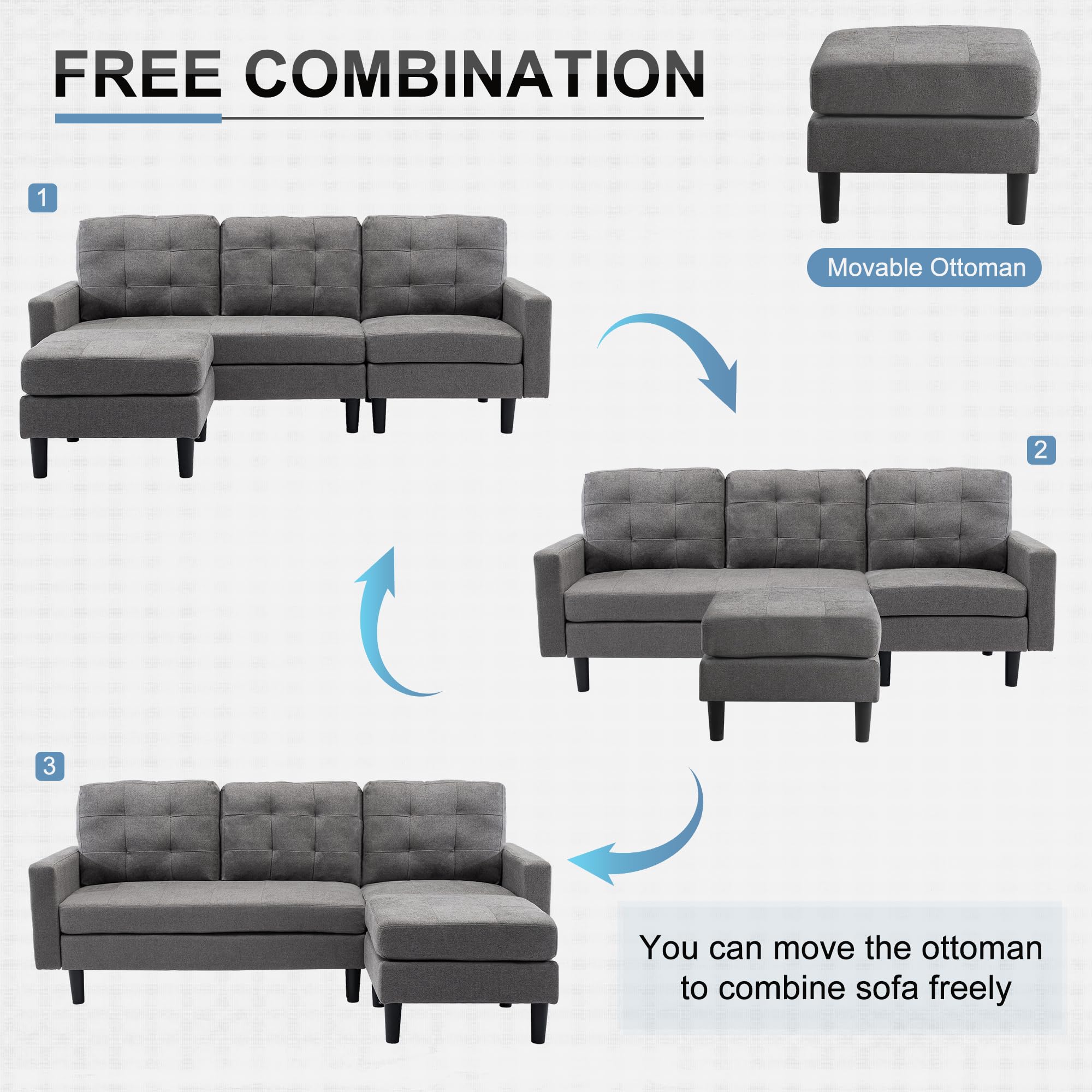 VECELO Convertible Sectional Sofa Modern Linen Fabric L-Shaped Couch ...