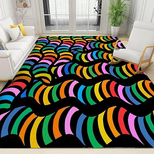 Retro 70S Rainbow Carpet for Living Room 5x6ft Abstract Line Patchwork Area Rug for Bedroom Washable Non-Slip Rug Throw Cute Soft Kids Rugs Indoor