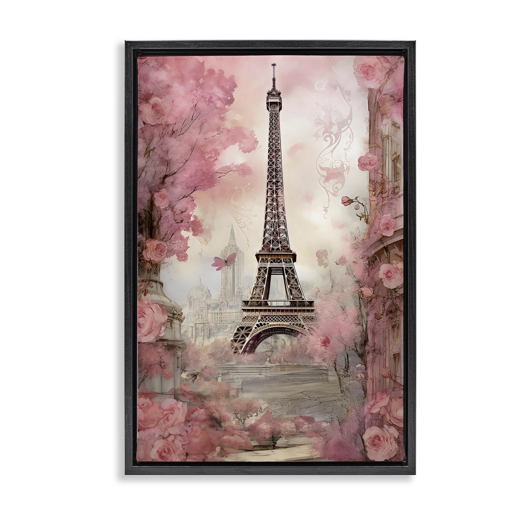 Stupell Industries 'Paris City View in Bloom', Floating Frame Canvas Art, Black, 21 x 31 Inches, Easy to Hang and Sturdy, Made in USA, by Creative Studio