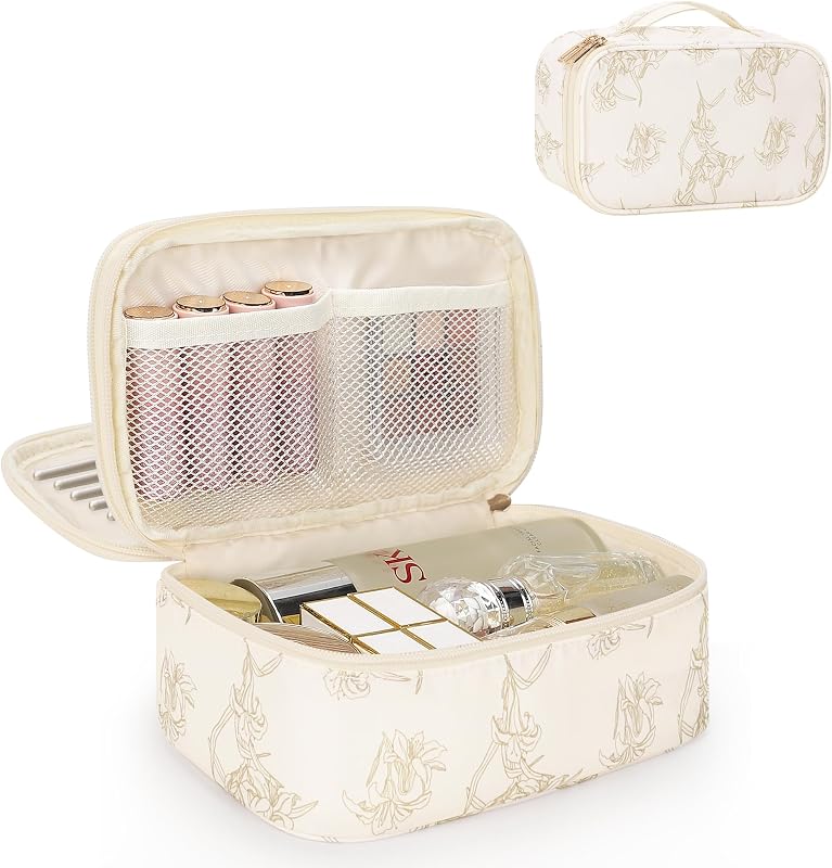 Necessaire de maquiagem Relavel compacta com estampa floral e compartimento para pincéis
