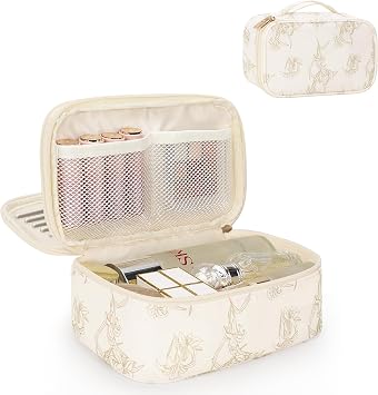 Relavel Travel Makeup Bag, Small Floral Cosmetic Bag with Makeup Brush Compartment, Portable Makeup Pouch for Women, Double Layer Cute Toiletry Organizer Bag, Lily Floral