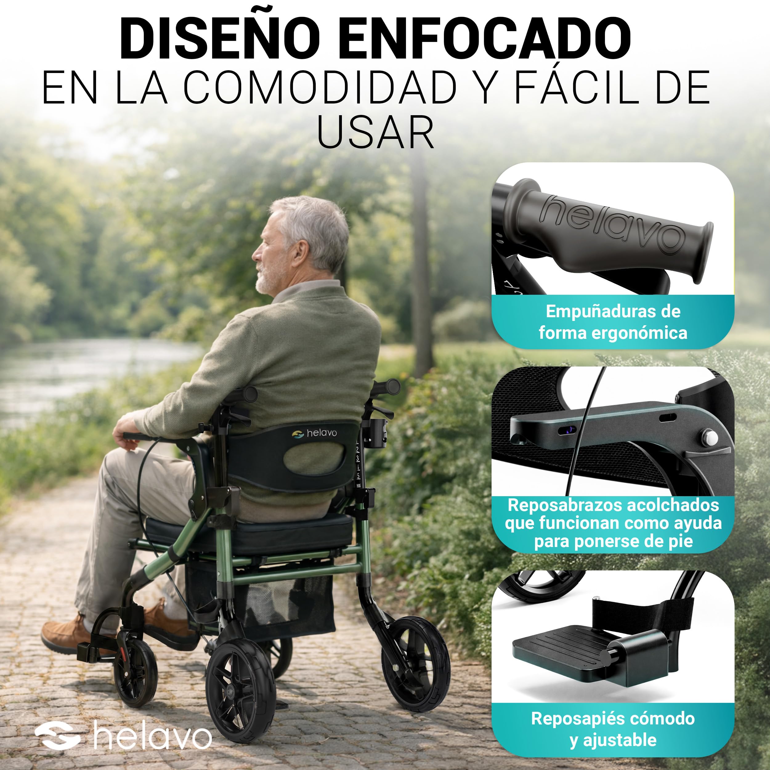 Helavo Rollator y Silla de Ruedas 2 en 1 con Ruedas Todoterreno – Andador Ligero con Función Silla de Ruedas, Plegable, Altura Ajustable, Capacidad de Carga hasta 136 kg