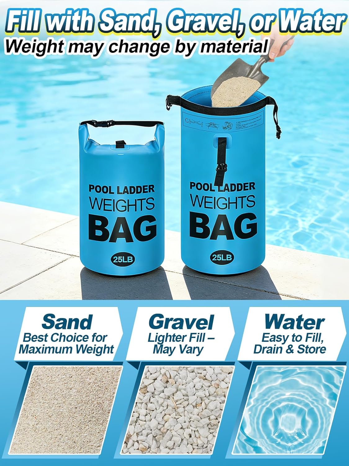 Cosweet 2 Pack Heavy Duty Pool Ladder Weights - 25lb Easy to Fill Anchor Bags, 500D PVC Waterproof Sand Bags with Secure Buckle Closure to Stabilize Above Ground Swimming Pool Steps