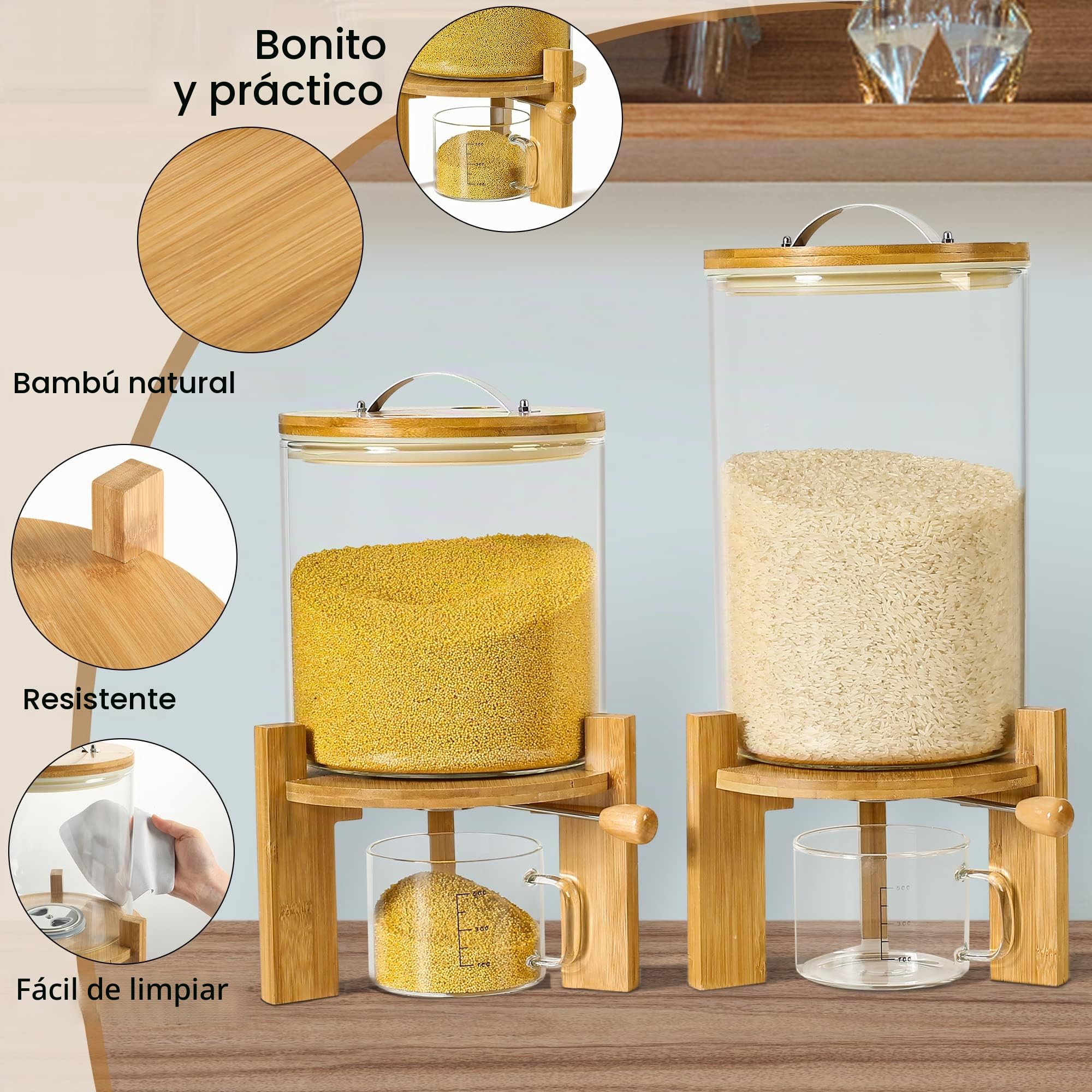 Dispensador de arroz, contenedor de almacenamiento de arroz: contenedor de harina y cereales con tapa hermética y soporte de madera, recipiente de almacenamiento de alimentos de vidrio para