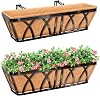 Riare 2 Pack 24 Inch Metal Railing Planter Window Box with Coco Liner- Adjustable Window Flower Boxes for Railings, Hanging Rail Planters for Deck, Balcony, Porch, Fence, Indoor Outdoor Plants