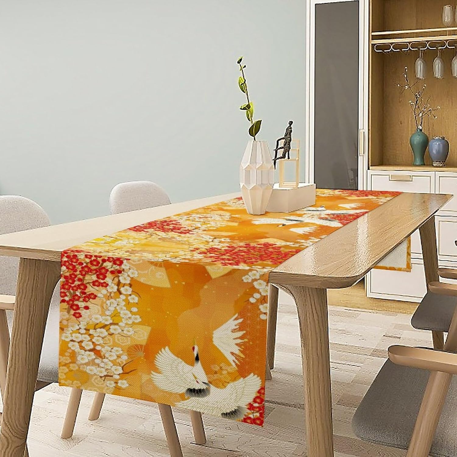 Japanese Table Runner,Retro Asian Crane Art Landscape Table Runner for Kitchen Dining Table Home Party Decoration 13x108 Inch
