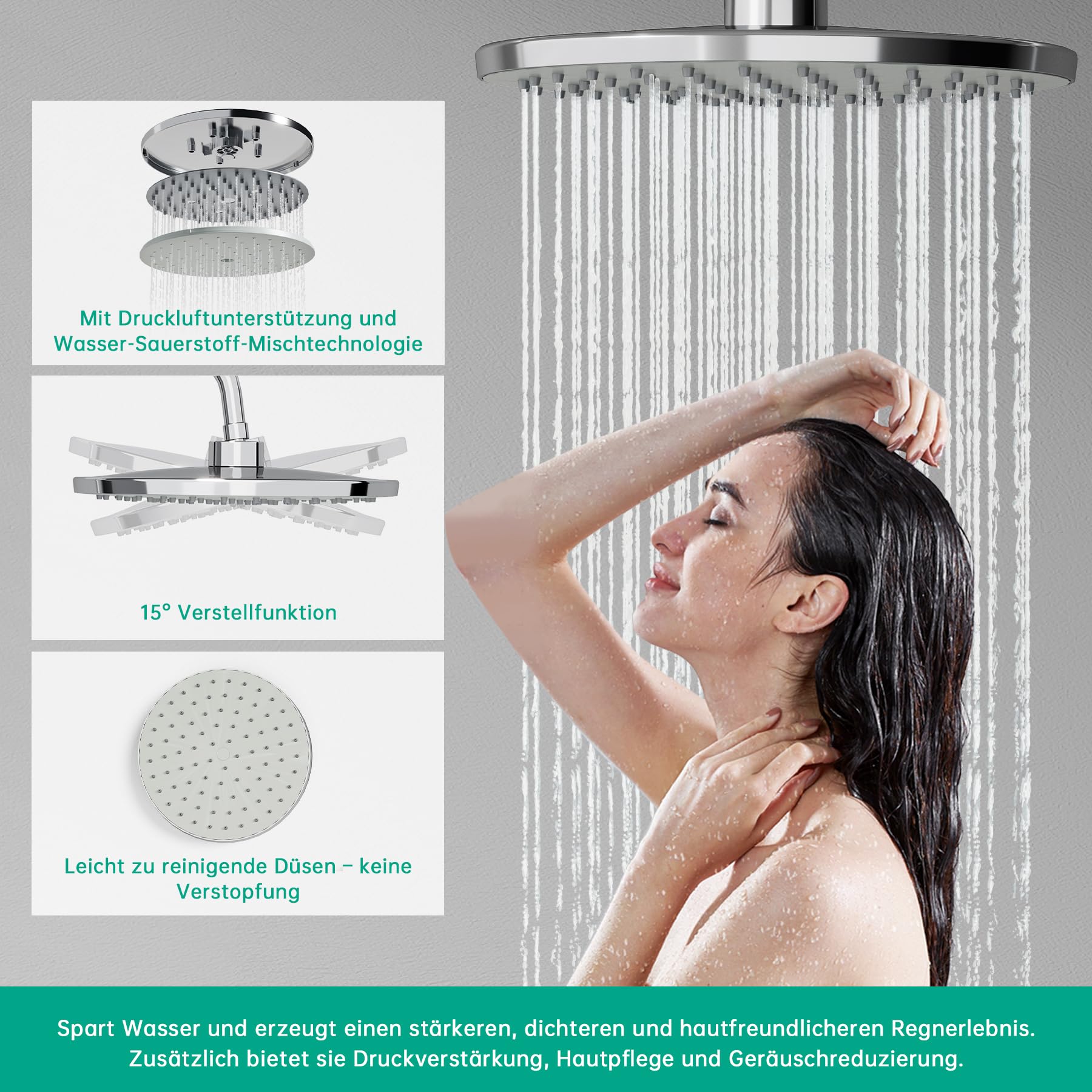 Regendusche ohne Armatur – Duschsystem aus Edelstahl mit Runder Regendusche Duschkopf, Höhenverstellbare Duschstange, Chrom-Oberfläche, für Badezimmer