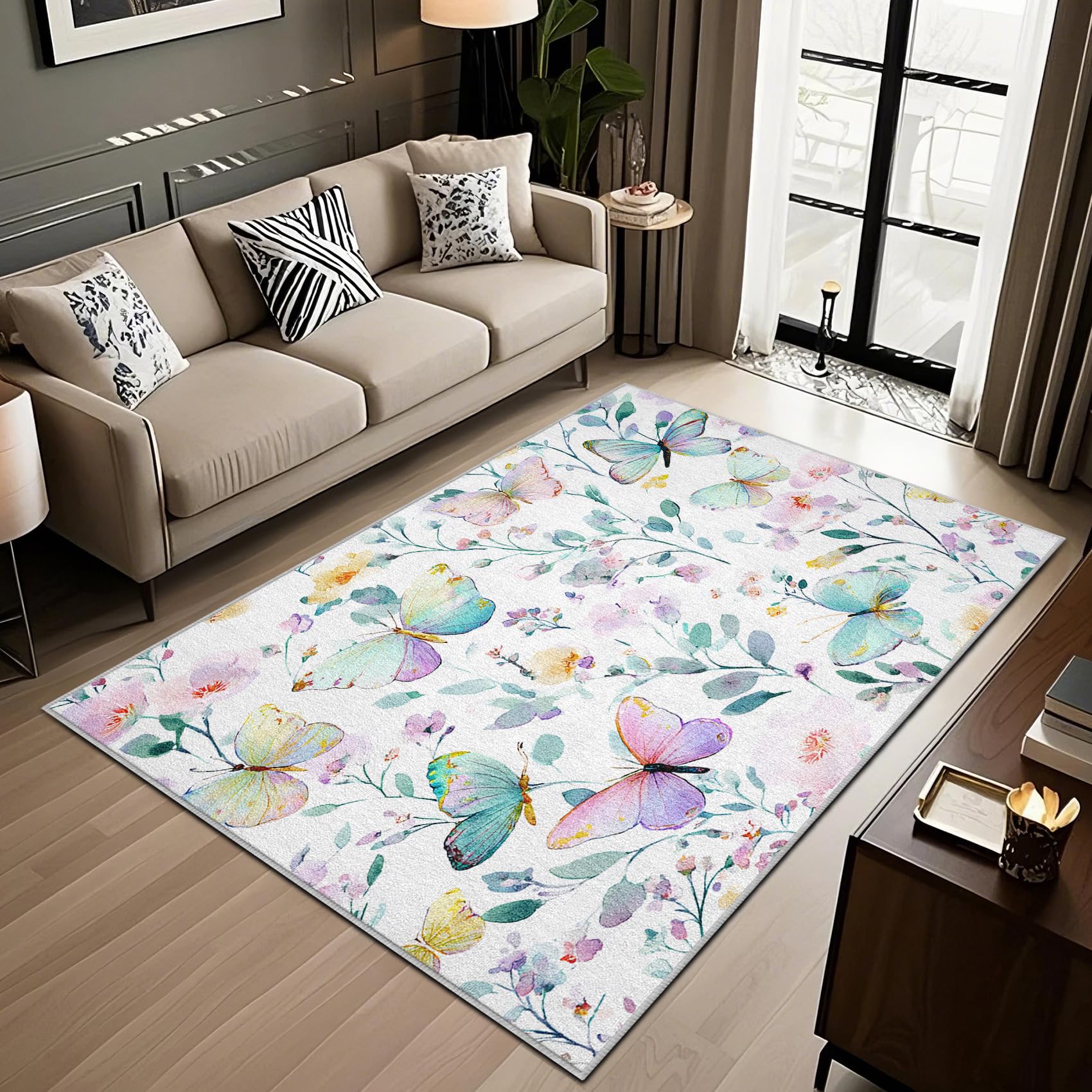 Tapis fleurs pastel 60x90 lavable et antidérapant pour déco salon