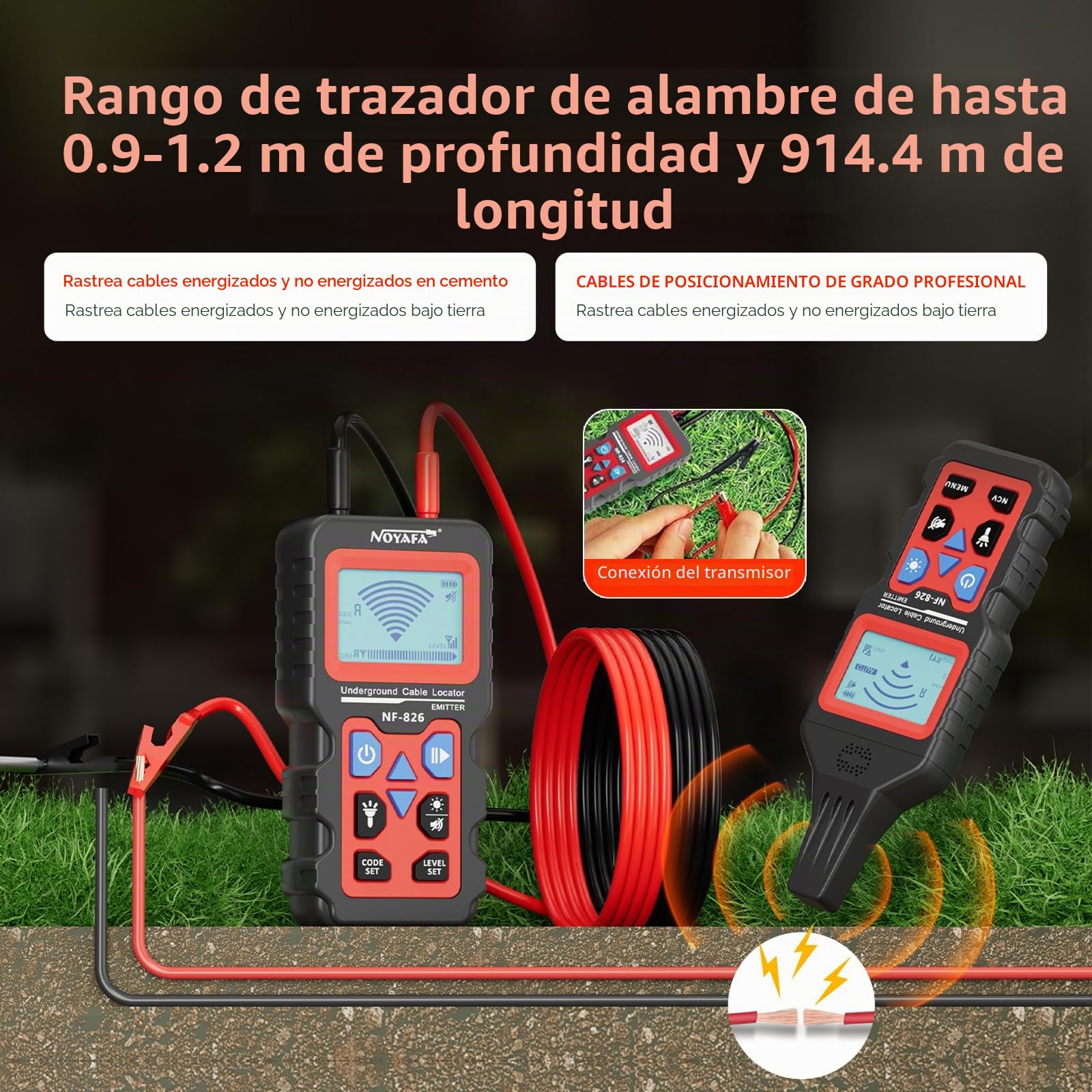 NOYAFA NF-826 Detector de Cables Subterráneos - Localizador de Cables y Líneas Eléctricas en Pared y Tierra, Buscador de Cables Ocultos para Electricidad y Cableado