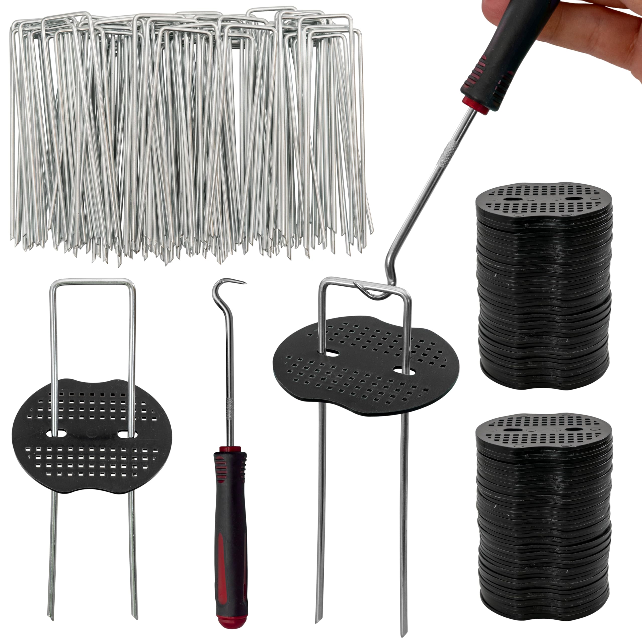 AP Supplies Weed Membrane Pegs Pack of 150 150mm Metal Ground Anchors with Buffer Washers & Hook Tool, Black/Silver/Red