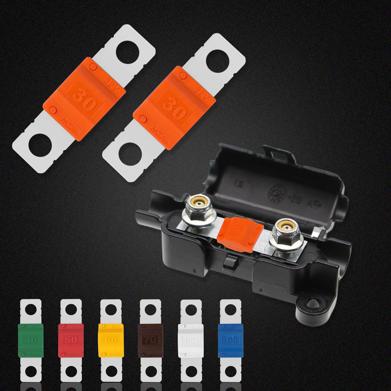 Confezione da 5 fusibili Mega, in metallo, per sistemi da 48 V, 60 A, 80 A, 100 A, 125 A, 200 A, 250 A, 300 A, 70 V, opzionali (60 A