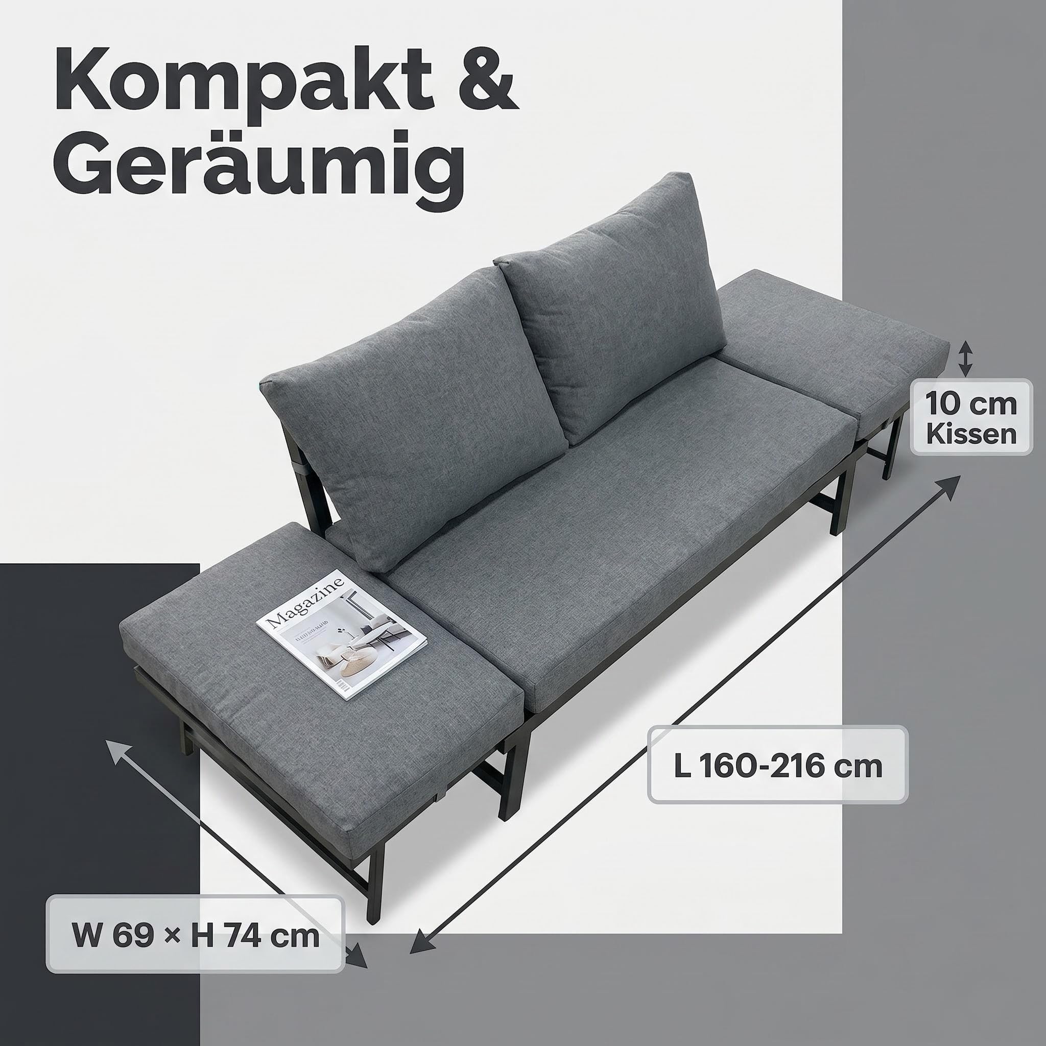 Klappbares 4 in1 Garten-Loungesofa mit Verstellbarer Rückenlehne und abtrennbarer Seitenliege, wetterfestes Stahl-Textilene-Gestell inklusive dickem Polyester-Kissen, geeignet für Terrasse