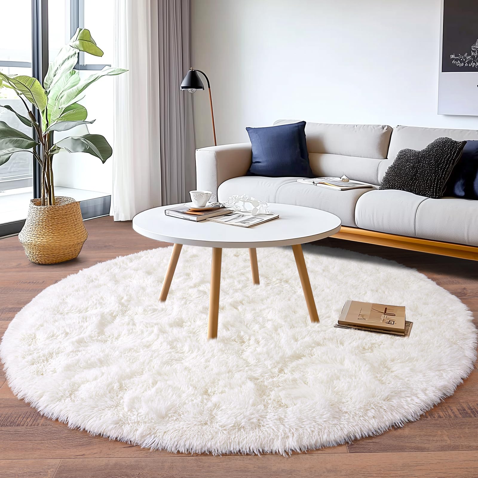 Tapis Rond 120 cm, Tapis Poil Long Moelleux pour Chambre & Salon, Doux et Confortable | Idéal pour Canapé, Chevet, Enfants, Décoration Moderne Antidérapante - Crème