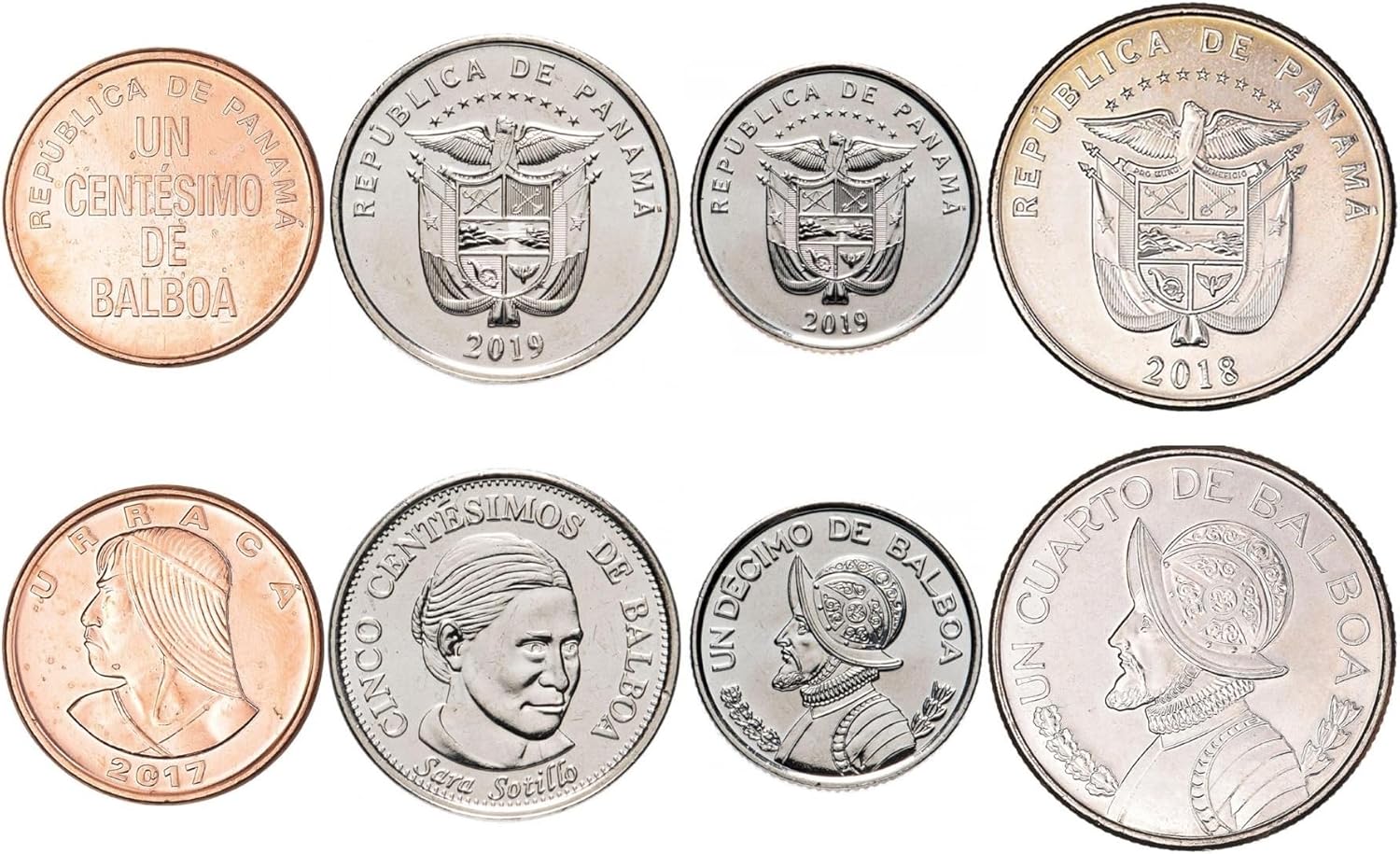4 Coins from Panama | Panamanian Coin Set Collection 1 5 Centesimos 1/10 1/4 Balboa | Circulated 2017-2019 | Urraca | Sara Sotillo | Vasco Núñez De Balboa