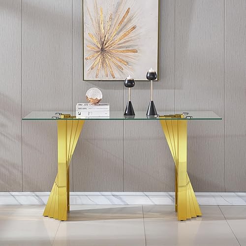 Miniatura 4 de Mesa consola de cristal dorado de lujo moderna de 55 pulgadas, mesa de entrada delgada con base de acero inoxidable brillante con espejo Consola