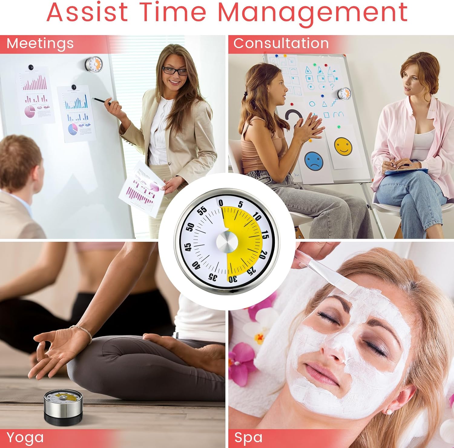 Kingdder 12 Pcs 60 Minute Magnetic Visual Timer 2.36 Inches Small Kitchen Countdown Timer Stainless Steel Mechanical Timing Tool for Classroom Teaching Whiteboard Meeting Working Cooking (White)