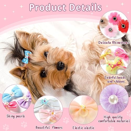 Miniatura 4 de Janinka 40 lazos para perros lindos lazos para el pelo de cachorro con bandas de goma, encaje de organza y perlas de diamantes de imitación,