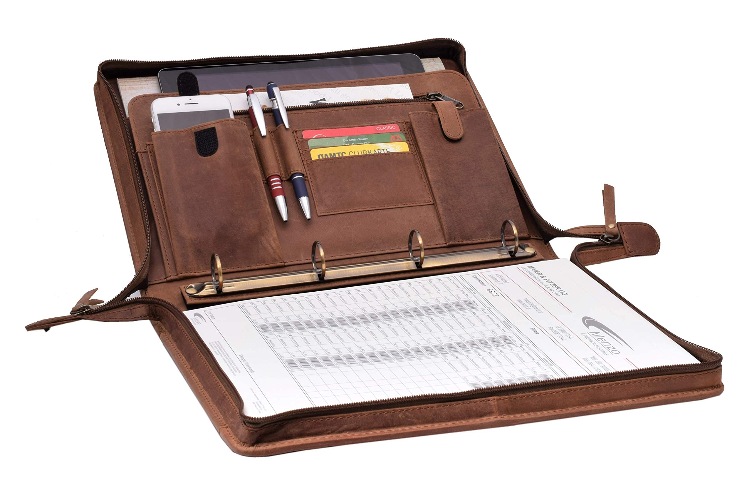 MENZO Lederschreibmappe, Dokumentenmappe, echtes Büffelleder Ledermappe, Schreibmappe, Businessmappe, Messenger bag, Mappe für Ringeinlagen, Konferenzmappe, Ledermappe, (braun/dunkelbraun)