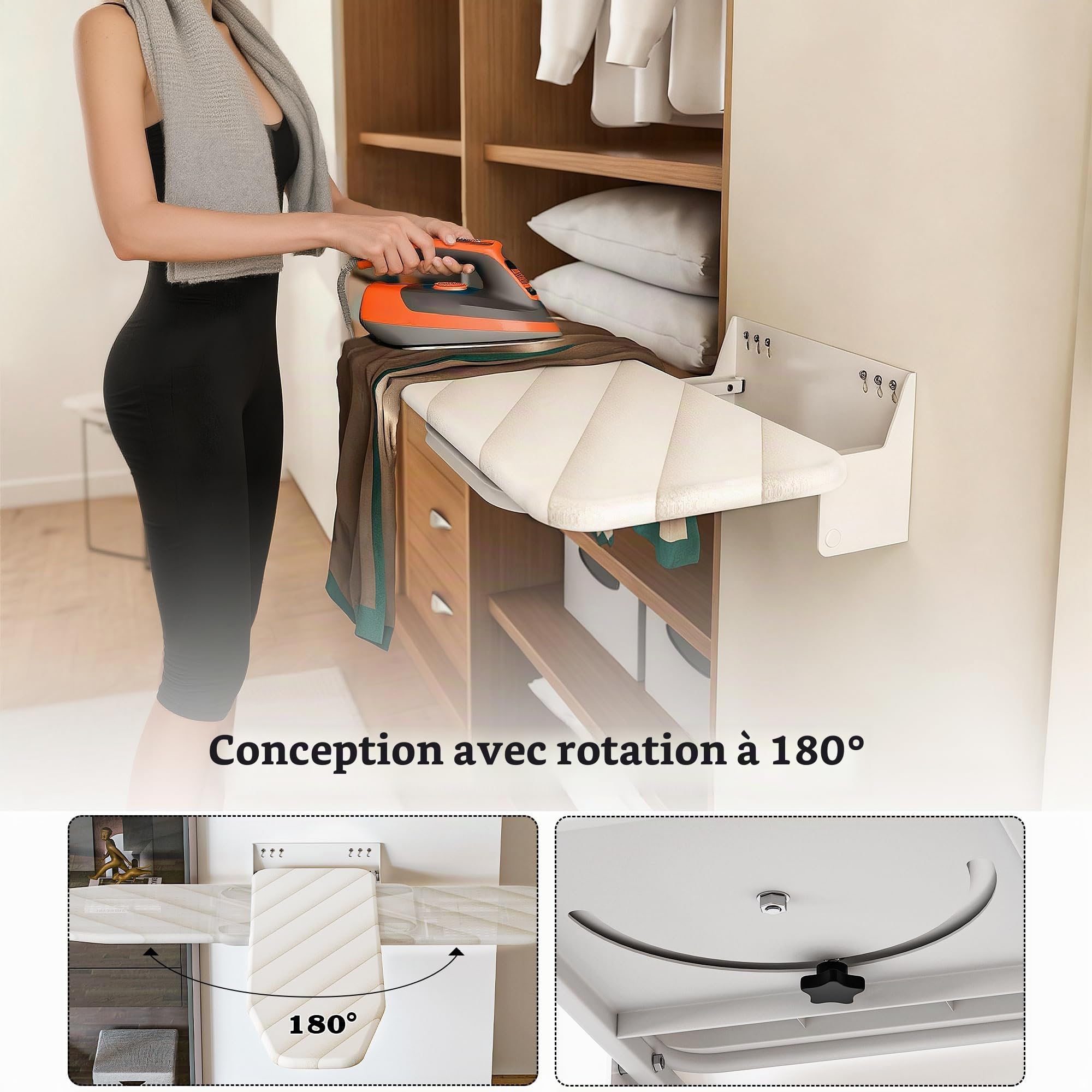Planche à Repasser Murale avec Housse en Coton résistant à la Chaleur 95 x 33 x 18cm Planche à Repasser Murale Peu encombrante - Rotative à 180 ° - pour Fer à Repasser à Vapeur,