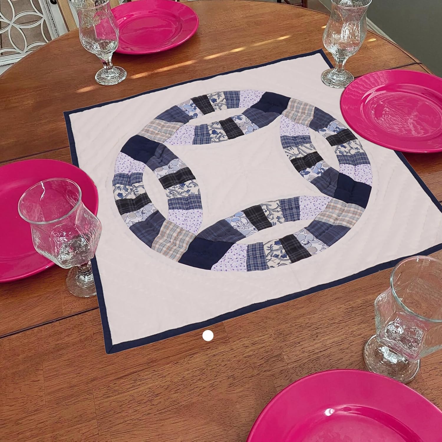 HOME HEART Calico Floral Wedding Ring Mix Country Quilt 19"x19" Cotton Square Wall Hanging Block Rod Pocket Patchwork Hand Quilted Small Quilt