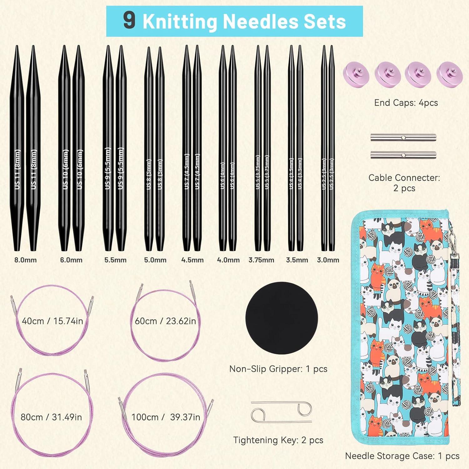 Aeelike Interchangeable Knitting Needles Set, 9 Pairs Circular Knitting Needles Aluminum (Size 3.0mm-8.0mm) with 4 Cables Accessories and Cute Storage Case for Socks Blankets Cushions, Ideal Gift