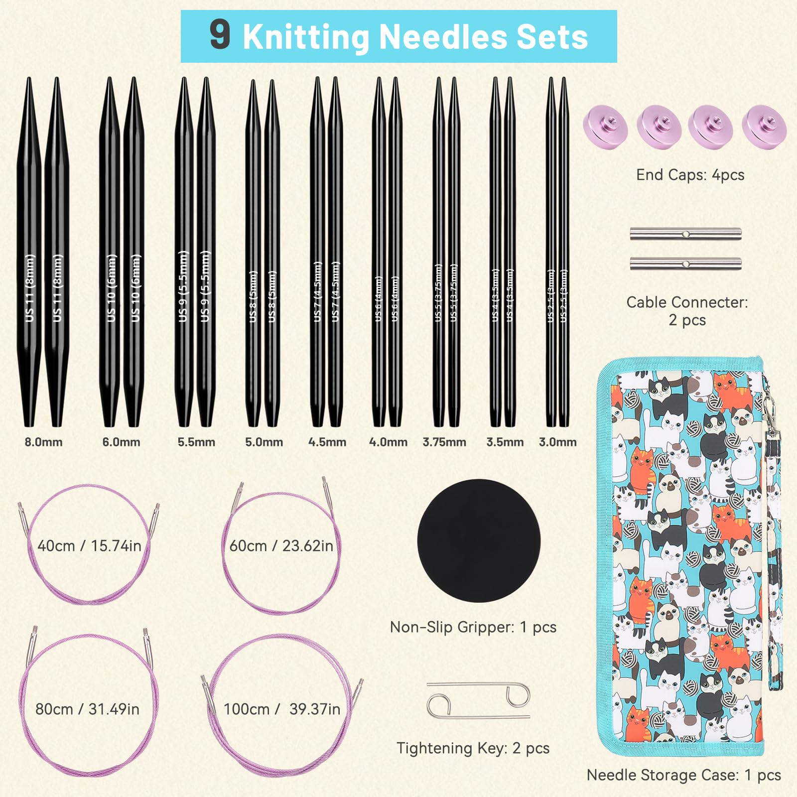 Aeelike Lot de 9 paires d'aiguilles à tricoter circulaires interchangeables avec étui et accessoires, 3 mm-8 mm, kit de tricot circulaire pour adultes débutants - Chat bleu