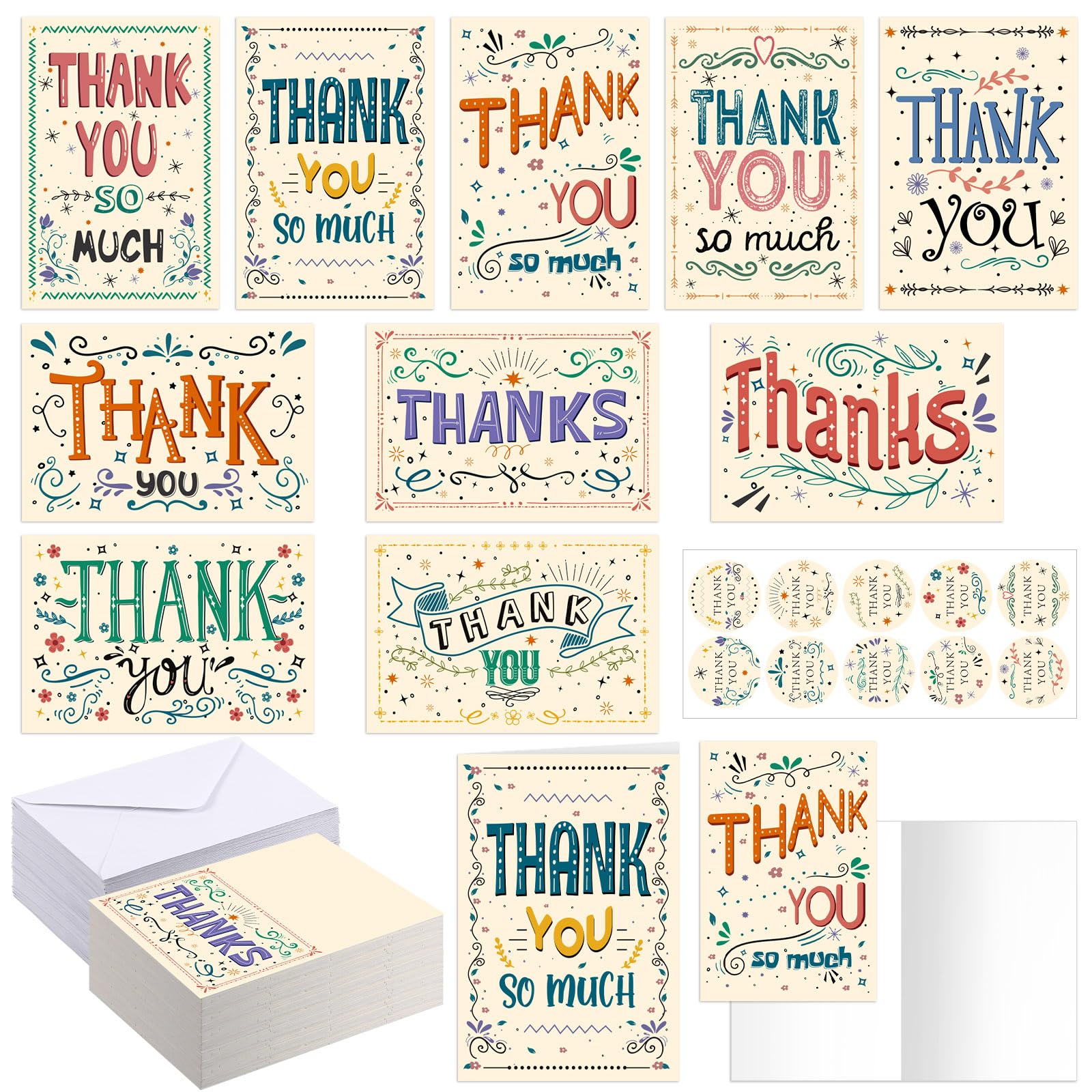 Lot de 100 cartes de remerciement rétro vierges assorties avec enveloppes et autocollants pour enseignants, employés, fête prénatale, mariage, anniversaire, remise de diplôme