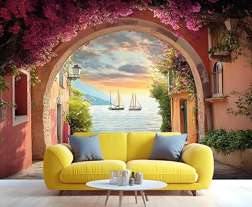 Miniatura 25 de KIREUPA Mural de pared vintage con puerta de hierro de glicina, mural de pared 3D de jardín floral rústico, mural de papel tapiz de puerta antigua