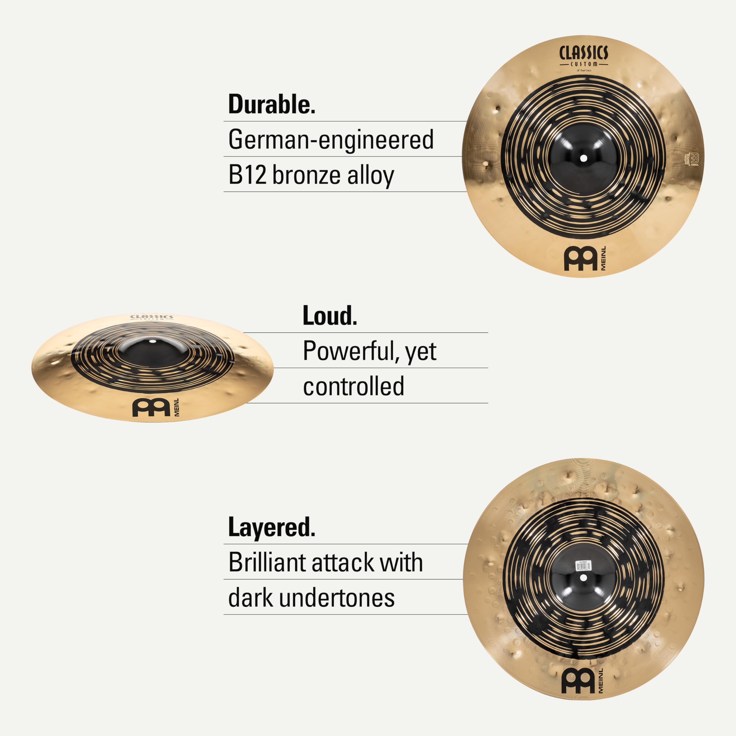 Meinl Cymbals Classics Custom Dual Piatto Crash 18 pollici (45,72cm) per Batteria - Bronzo B12, Finitura Scura e Brillante - Prodotto in Germania (CC18DUC)