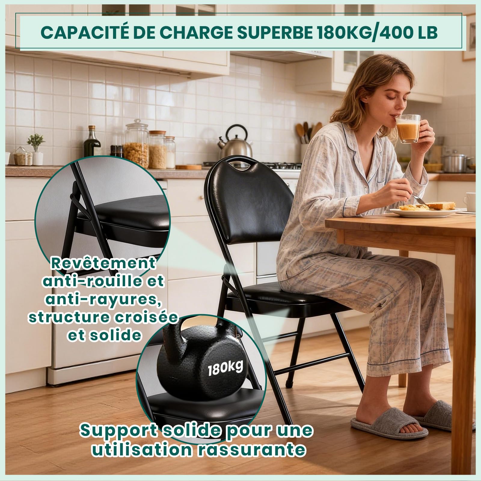 Chaise Pliante en Cuir PU Rembourrée avec Poignée, Siège Portable avec Coussin Épais et Cadre en Métal Solide, Confortable pour Maison, Bureau, Fêtes (4, Noir)