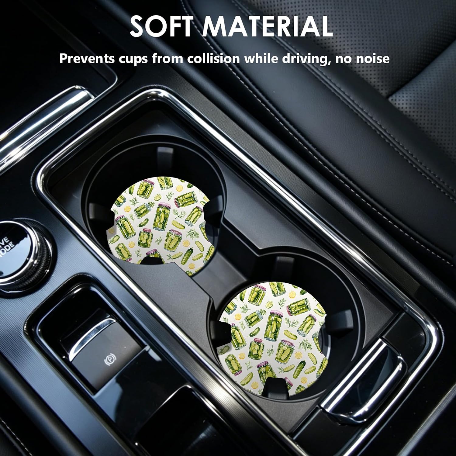 Car Coasters for Cup Holders，2.56" Anti Slip Rubber Mat with A Finger Notch, 2 Pack Car Cup Holder Coasters for Car Interior Accessories for Women Men Pickle Jar Pattern image 4