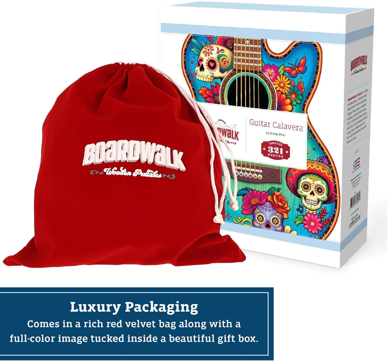 Boardwalk Puzzles Luxury Wood Puzzle - Guitar Calavera Large Size - 321 Pieces - Engaging Wooden Puzzle Activity Kids Adults