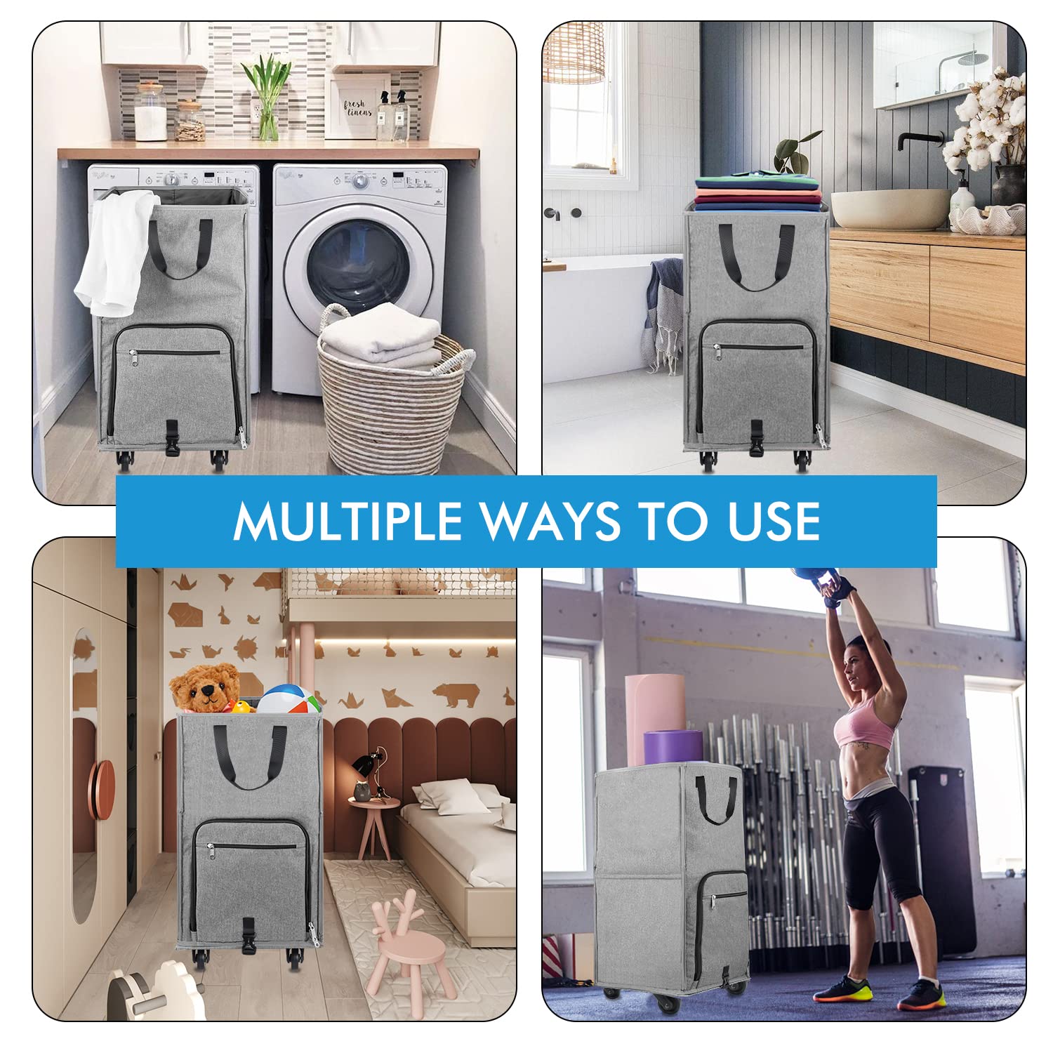 Laundry Hamper with Wheels, Bukere Large Rolling Laundry Basket with 4 Casters and 2 Handles, Collapsible Freestanding Wheeled Laundry Bag for Clothes, Laundry Room, Bathroom