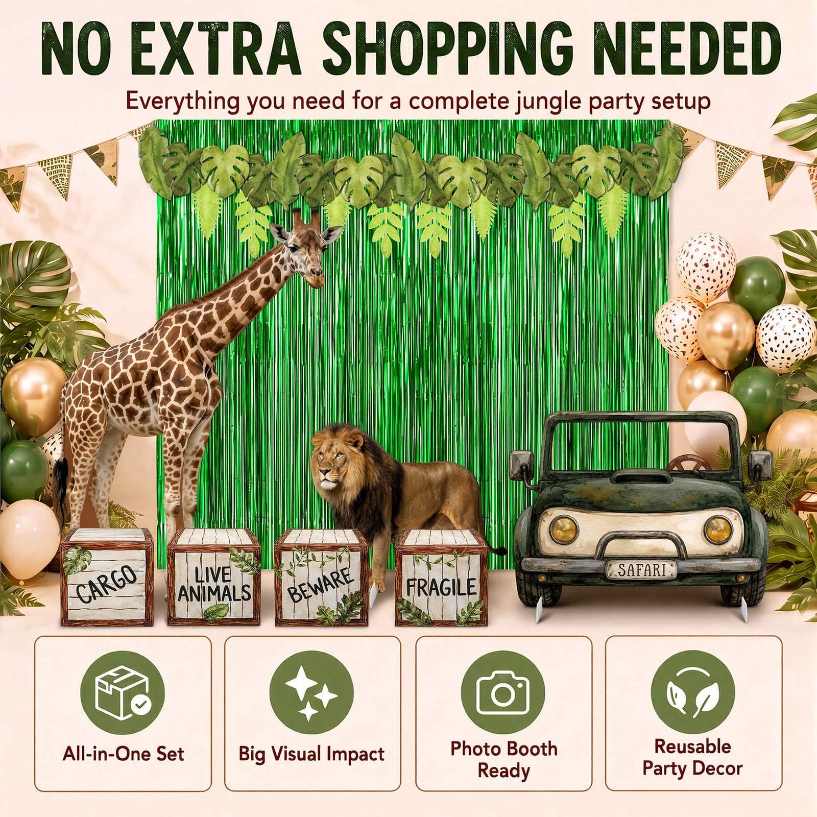 Jenaai 25 decorazioni per feste safari nella giungla grande kit con tenda verde con frange verdi, striscione con foglie di palma, sagoma per auto safari con giraffa leone e scatole per forniture per