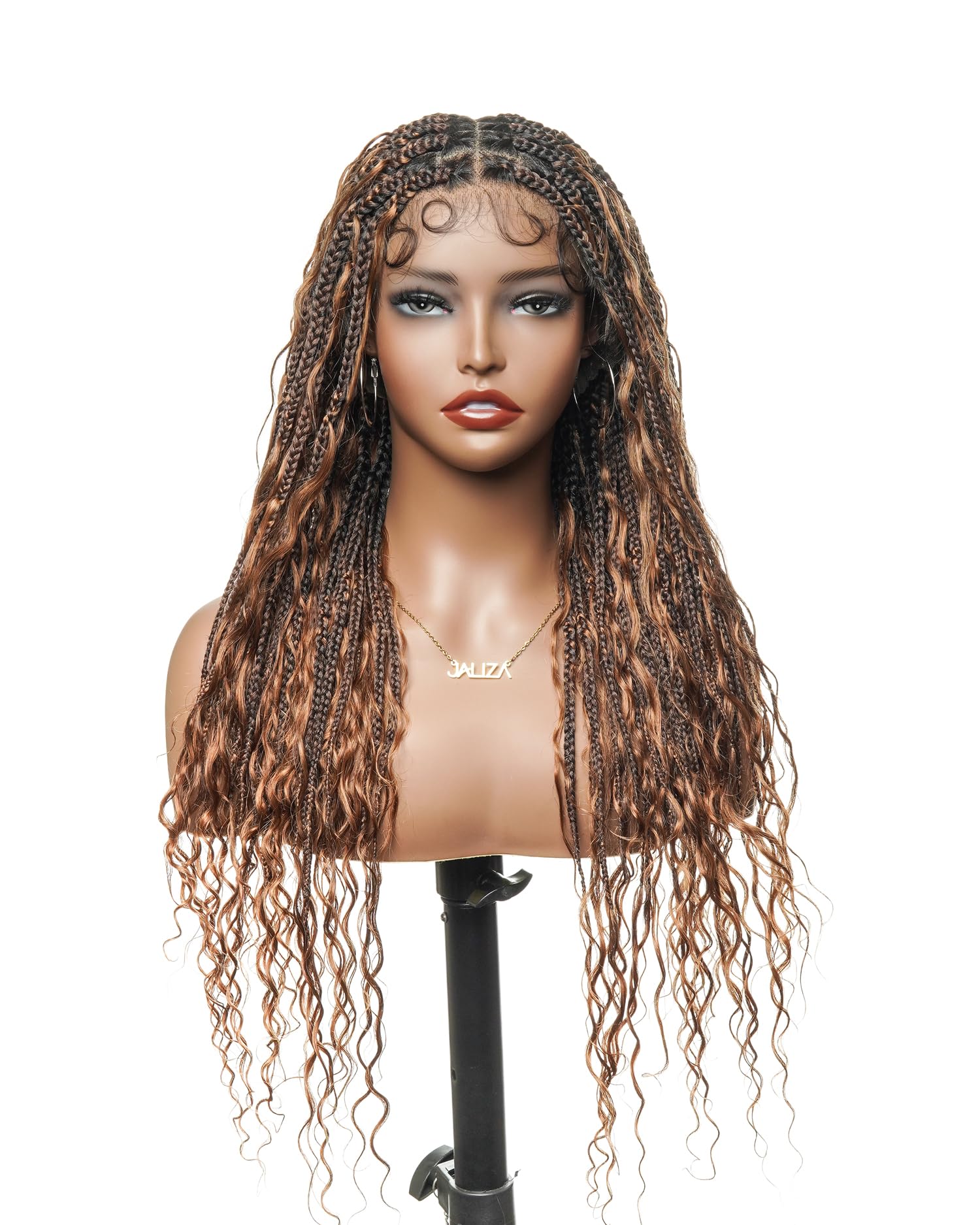 JALIZA Human Hair Boho Curls Hand-Tied Full Lace Wig - 24" Small Box Braids (79 Braids) Pre-Cut Real Swiss HD Lace, Lightweight, Pre-Plucked, Knotless, Tangle-Free Boho Braided Wig | 1B/30 Ombre Brown