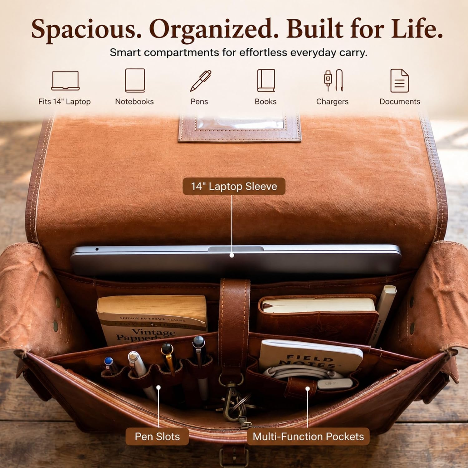 Genuine Leather Messenger Bag for Men & Women, Handmade Vintage Laptop Shoulder Bags with Adjustable Strap, Crossbody Small Briefcase for Office College Travel - 14 Inch, Brown