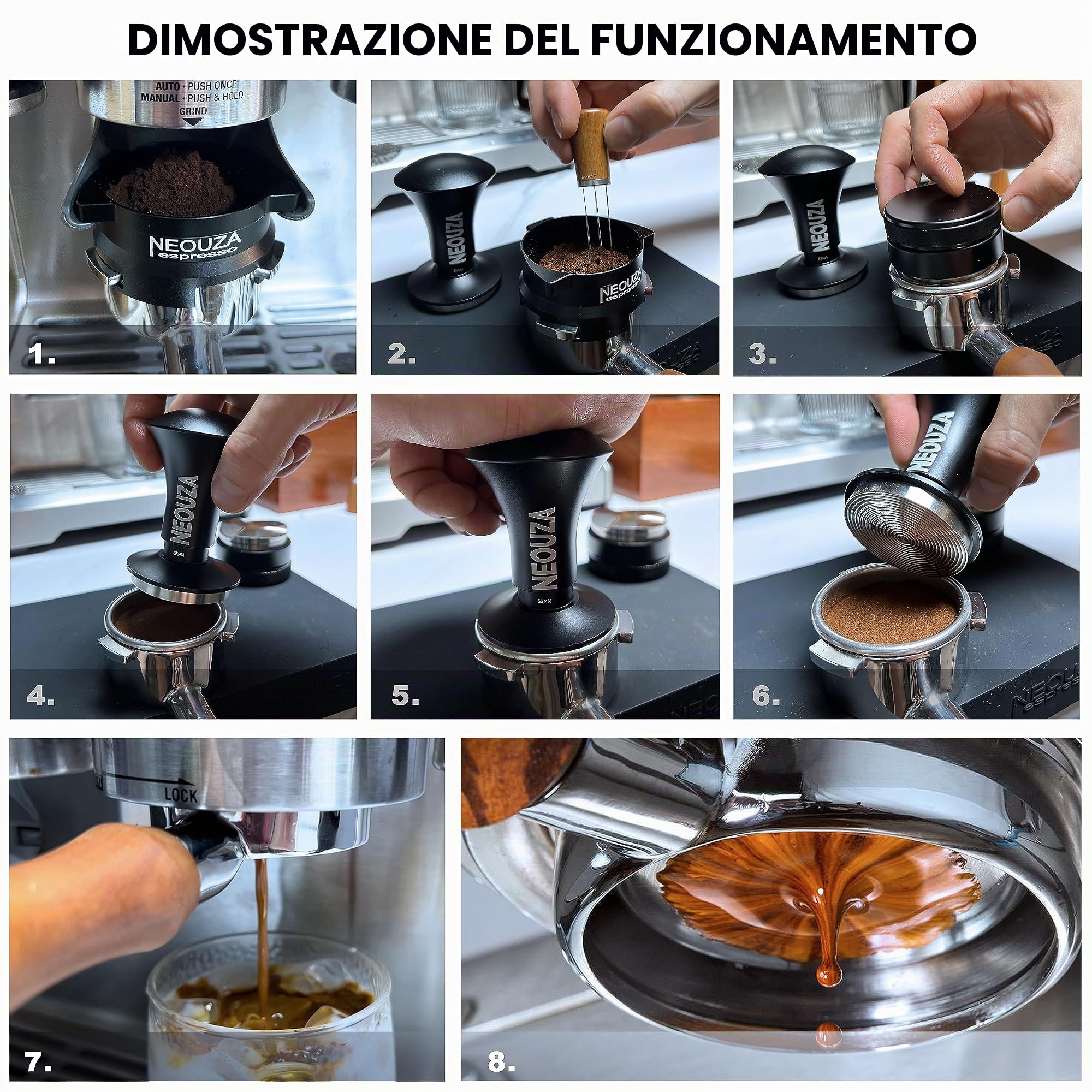 NEOUZA, tamper per espresso V2 a doppia molla calibrata per portafiltro della macchina da caffè, antideflessione da pressione, manico raffinato, base in acciaio ondulata (53,3 mm)