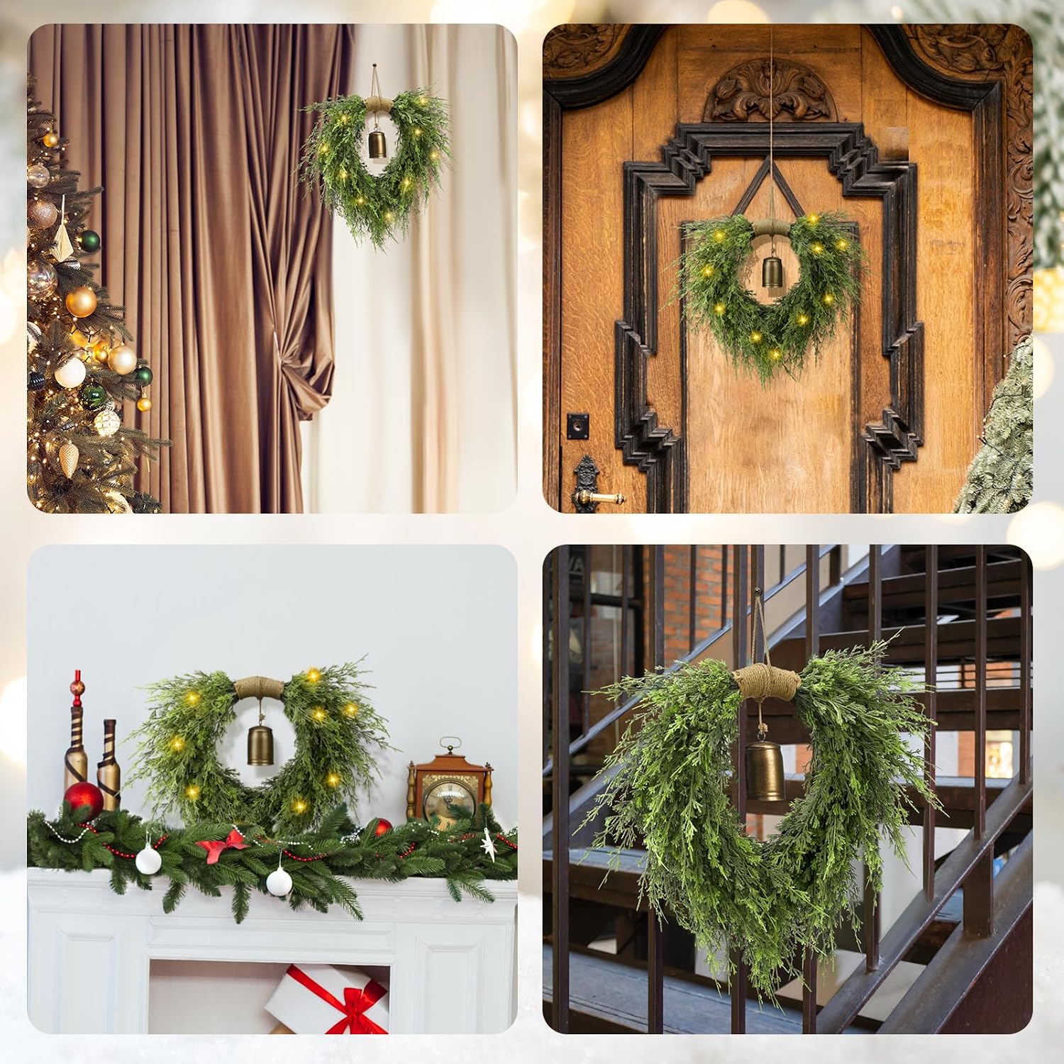 Hungdao 21.6" Norfolk Pine Heart-Shaped Wreath for Front Door Artificial Greenery Faux Cedar Wreath with Cow Bells for Christmas Front Door Wall Window Mantle Decorations