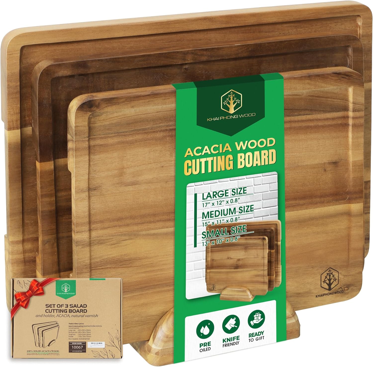 Acacia Wood Cutting Board Set of 3 with Storage Stand, Reversible Wooden Boards for Kitchen with Deep Juice Grooves, Wood Cutting Board Set for Prep, Serving and Gifting