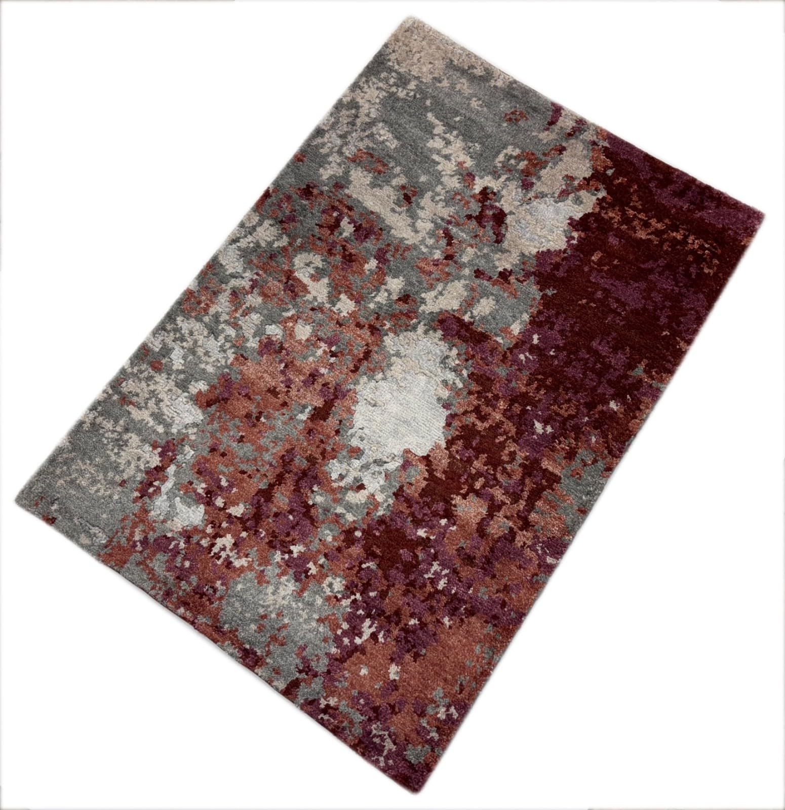 Tapis design fait à la main, 60 x 90 cm, gris, rouge, multicolore, soie de bambou, R117
