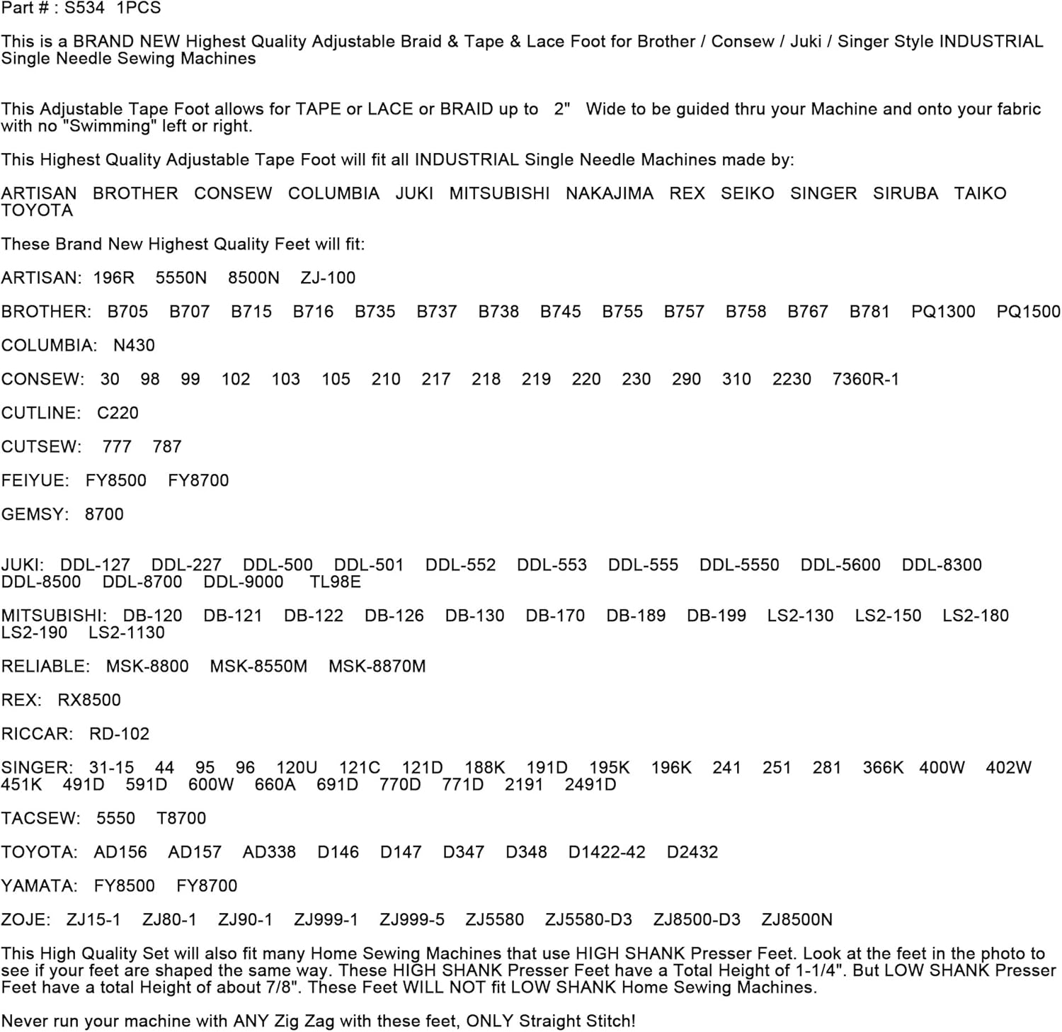 ckpsms KUNPENG - Industrial Sewing Machine Adjustable Tape Foot #S534 1PCS