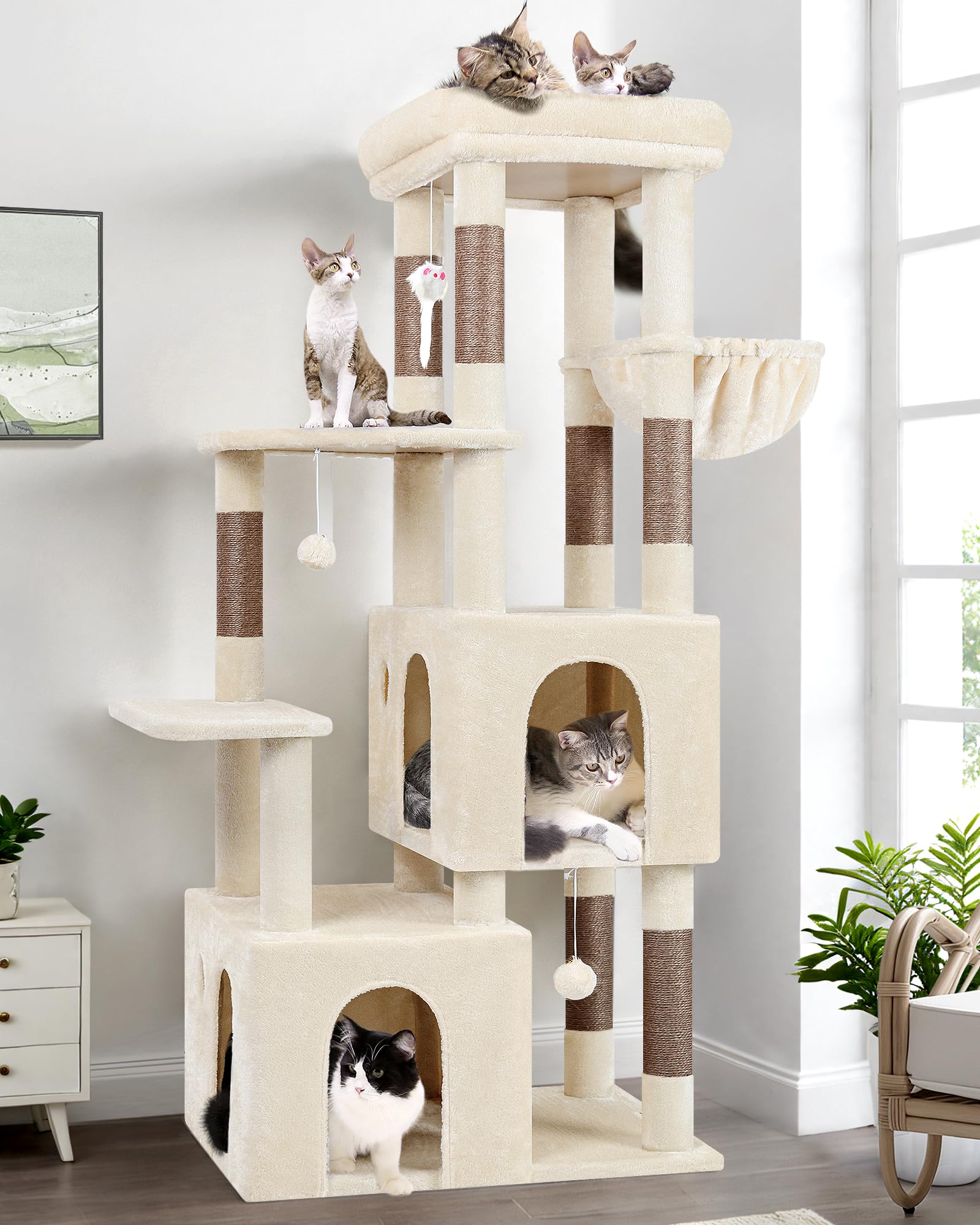 Globlazer キャットタワー 据え置き シニア 猫タワー 大型猫用 猫タワー 多頭飼い 大型 多機能 登りやすい 2ねこハウス 7天然麻紐爪とぎポール ぬいぐるみクッション展望台 猫 ベッド ハンギングバスケット ポンポンおもちゃ 転倒防止ベルト付き 組立簡単 運動不足解消 安定 頑丈 高さ155cm ベージュ F61