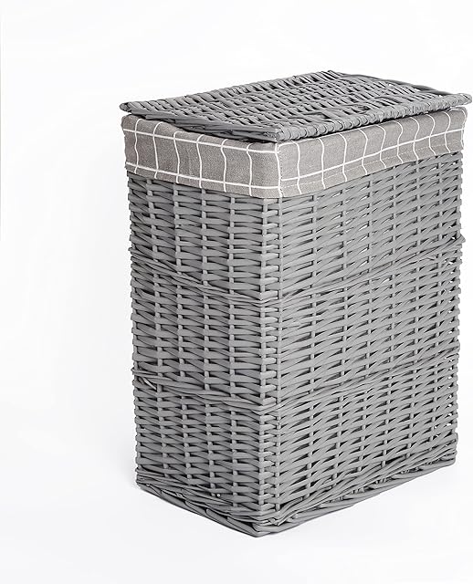 Grey Paint Laundry Wicker Basket Cotton Lining With Lid (Large)