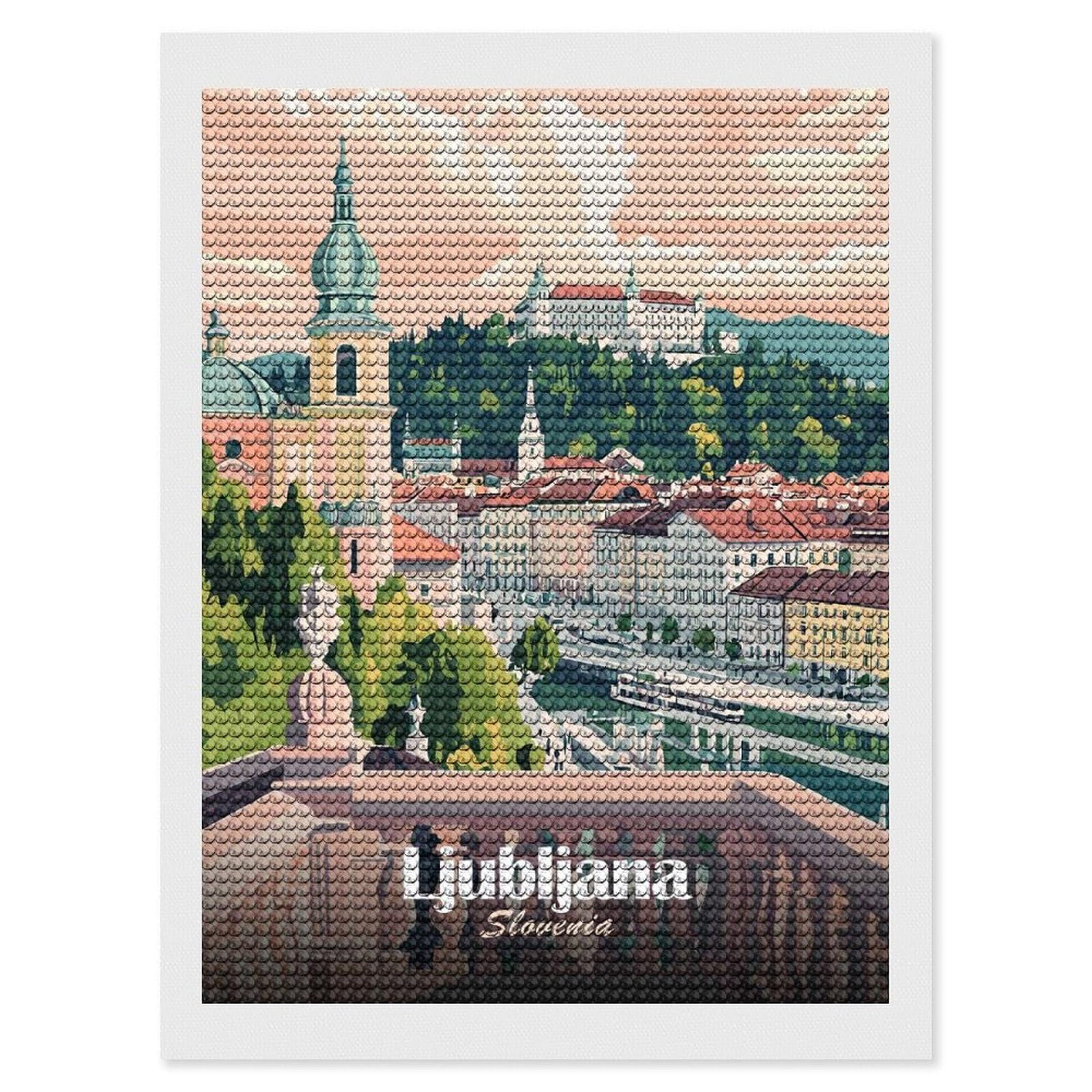 Junmoney Ljubljana, Slovenia Cityscape Illustration(2) Diamond Art Canvas 12"x16", Easy Handmade Project, Complete Accessories, Bedroom Decor, Birthday Gift