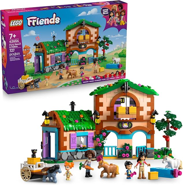 LEGO Friends Pony Ranch & Stable Pretend Play Building Toy with 3 Horse Toys