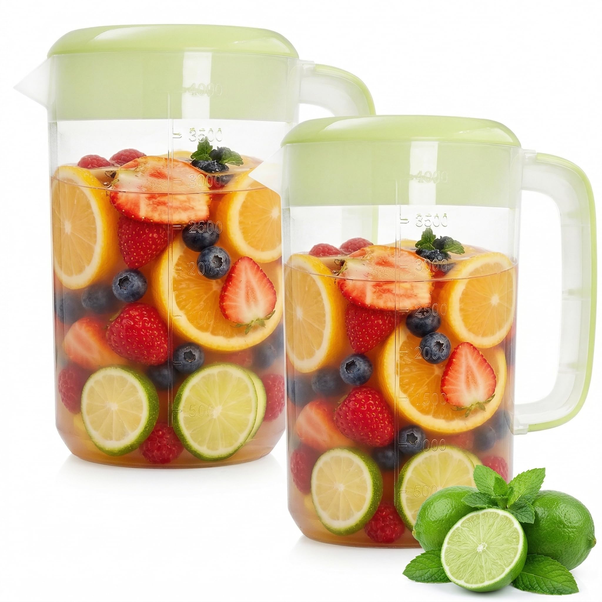 Jucoan 2 Stück 4 l großer Kunststoff-Siebkrug, transparenter Krug für Eistee, Getränke, Wasserkaraffe, Krug mit grünem Siebdeckel, Griffen, Maßen, perfekt für Limonade
