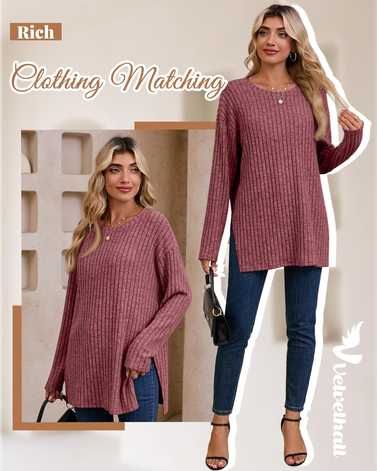 Oversized Sweaters for Women Lightweight Long Sleeve Crew Neck Ribbed Side Slit Loose Fall Top Pullover - Image 4